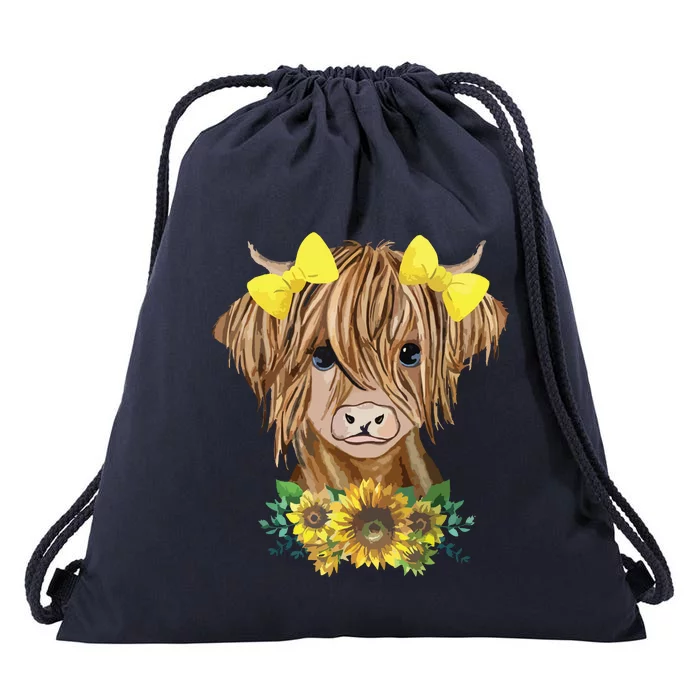 Highland Cow With Sunflowers Drawstring Bag