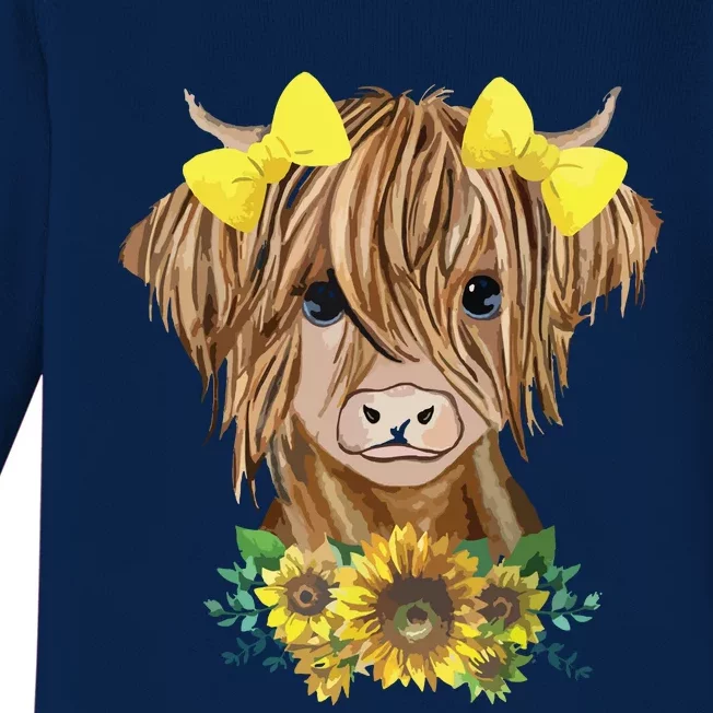 Highland Cow With Sunflowers Baby Long Sleeve Bodysuit