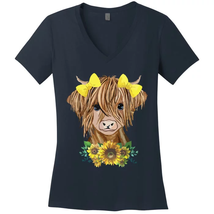 Highland Cow With Sunflowers Women's V-Neck T-Shirt