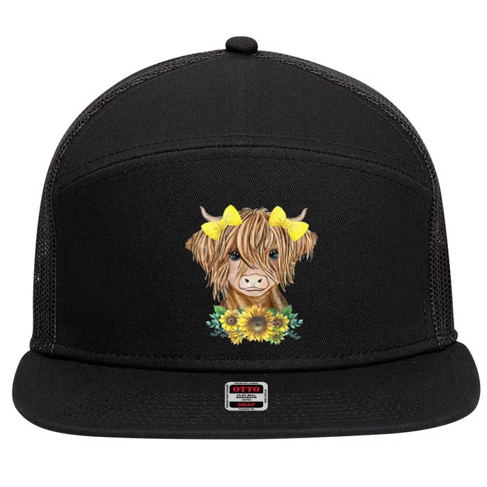 Highland Cow With Sunflowers 7 Panel Mesh Trucker Snapback Hat