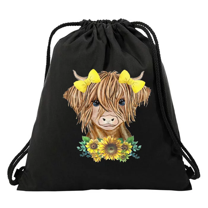 Highland Cow With Sunflowers Drawstring Bag