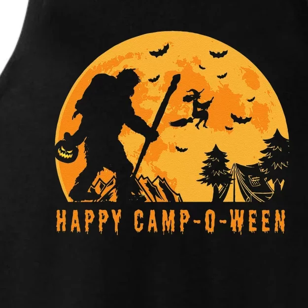 Happy CampOWeen Witch Camping Halloween Bigfoot Camper Ladies Tri-Blend Wicking Tank