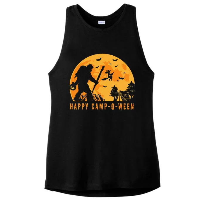 Happy CampOWeen Witch Camping Halloween Bigfoot Camper Ladies Tri-Blend Wicking Tank