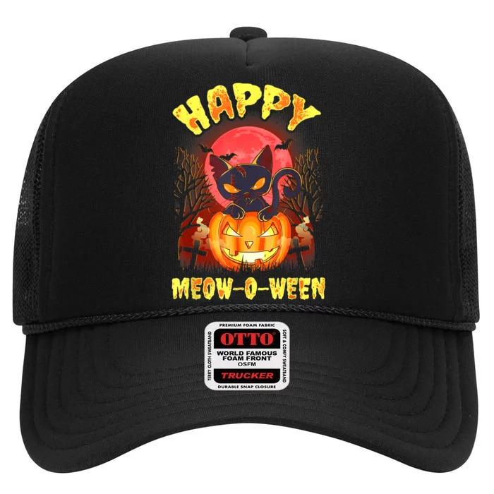 Halloween Cat Zombie Jack O Lantern Happy MeowOWeen Kitten High Crown Mesh Trucker Hat