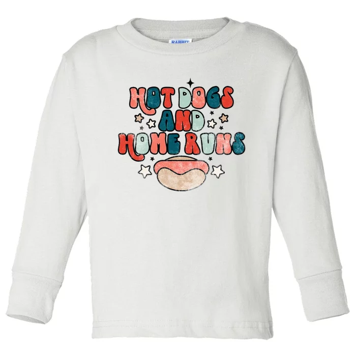 Hot Dogs And Home Runs Retro Game Day Funny Baseball Lover Toddler Long Sleeve Shirt