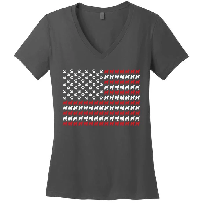 Husky Dog American Flag Patriotic 4th Of July Women's V-Neck T-Shirt