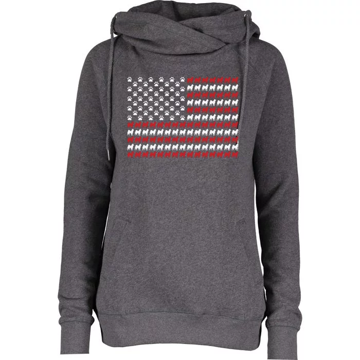 Husky Dog American Flag Patriotic 4th Of July Womens Funnel Neck Pullover Hood