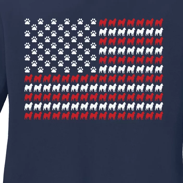 Husky Dog American Flag Patriotic 4th Of July Ladies Long Sleeve Shirt