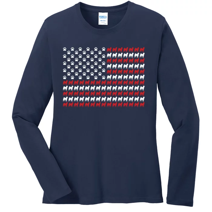 Husky Dog American Flag Patriotic 4th Of July Ladies Long Sleeve Shirt