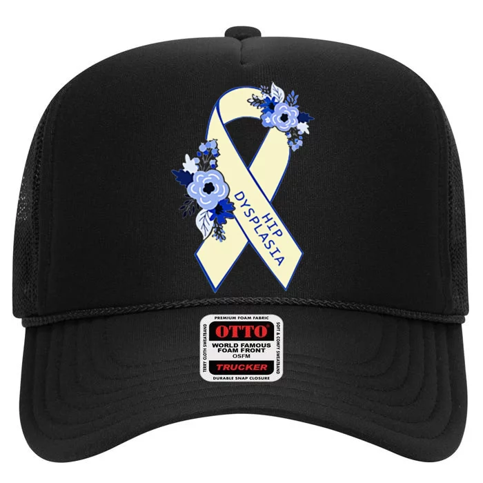 Hip Dysplasia Awareness Floral Blue White Ribbon Pocket Size High Crown Mesh Trucker Hat