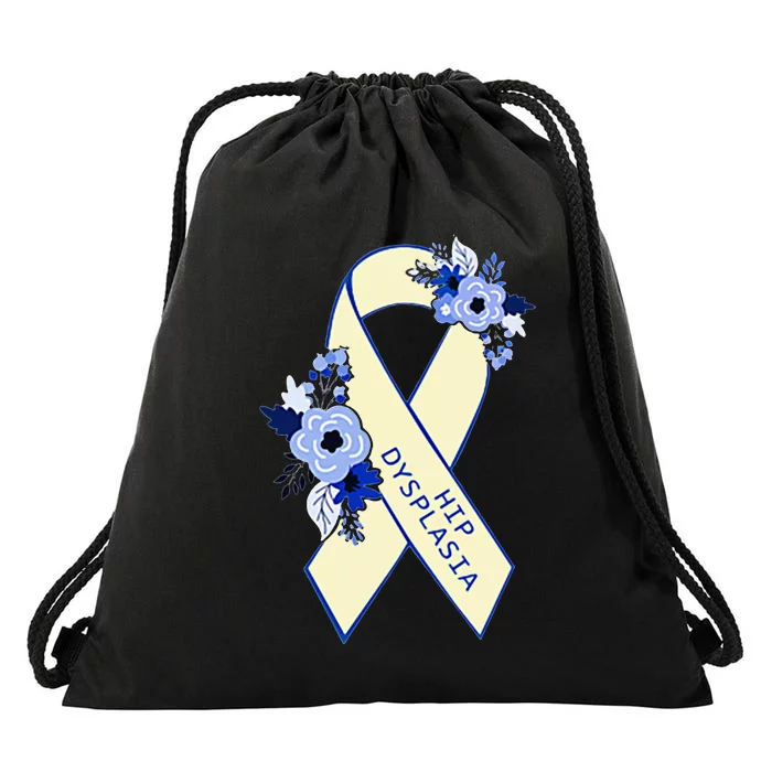 Hip Dysplasia Awareness Floral Blue White Ribbon Pocket Size Drawstring Bag