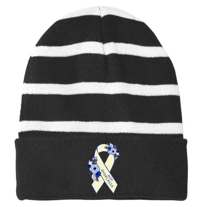 Hip Dysplasia Awareness Floral Blue White Ribbon Pocket Size Striped Beanie with Solid Band