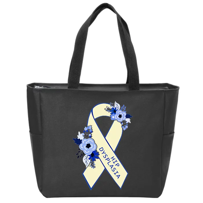 Hip Dysplasia Awareness Floral Blue White Ribbon Pocket Size Zip Tote Bag