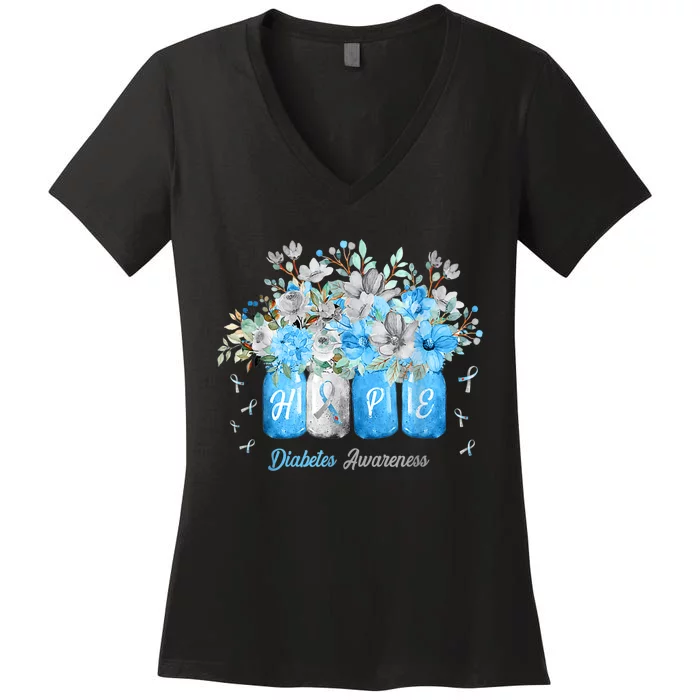 Hope Diabetes Awareness Blue Flowers Type 1 Diabetes Month Women's V-Neck T-Shirt