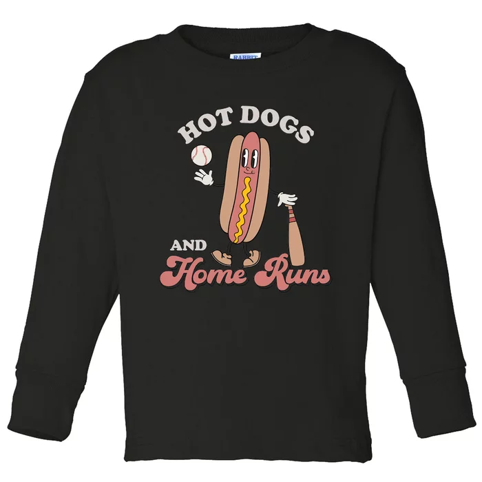 Hot Dogs And Home Runs Retro Baseball Season Baseball Groovy Funny Toddler Long Sleeve Shirt