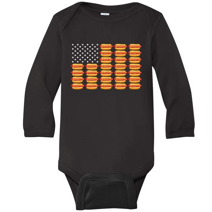 Hot Dog American Flag Patriotic Summer Bbq Funny Baby Long Sleeve Bodysuit