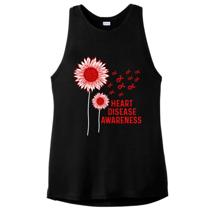 Heart Disease Awareness Sunflower Red Ribbon Ladies Tri-Blend Wicking Tank