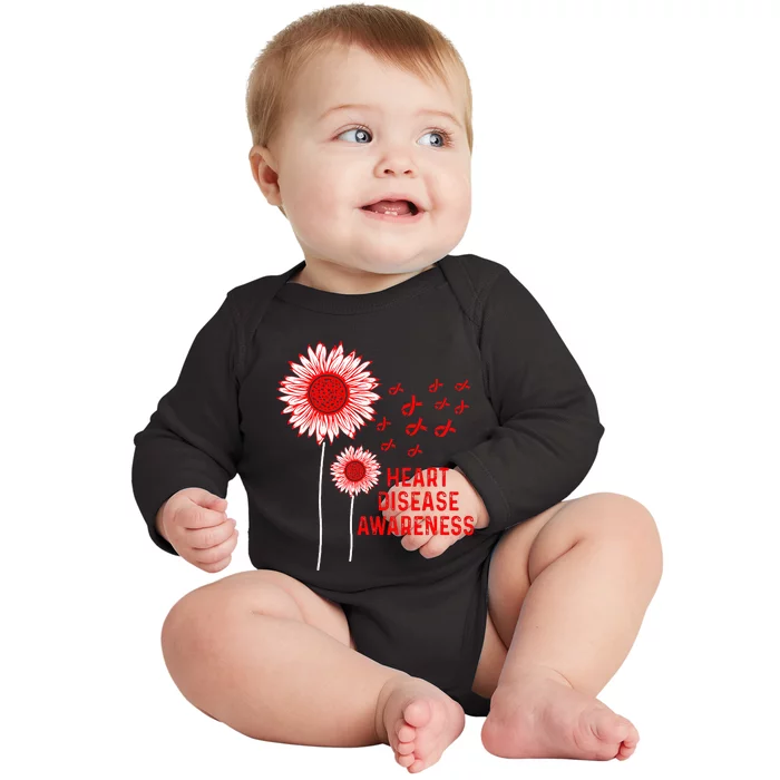 Heart Disease Awareness Sunflower Red Ribbon Baby Long Sleeve Bodysuit