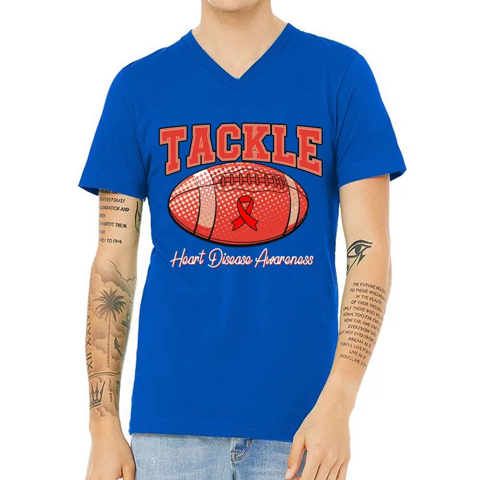 Heart Disease Awareness Month Tackle Football Heart Health Cool Gift V-Neck T-Shirt