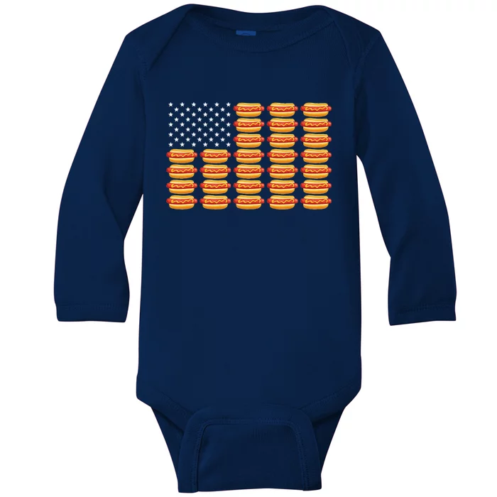 Hot Dog American Flag July 4th Patriotic Summer BBQ Funny Baby Long Sleeve Bodysuit