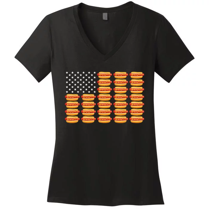 Hot Dog American Flag Women's V-Neck T-Shirt