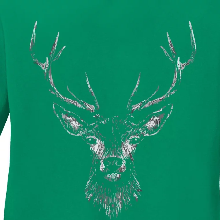 Hand Drawn Buck Deer Style Antlers Ladies Long Sleeve Shirt