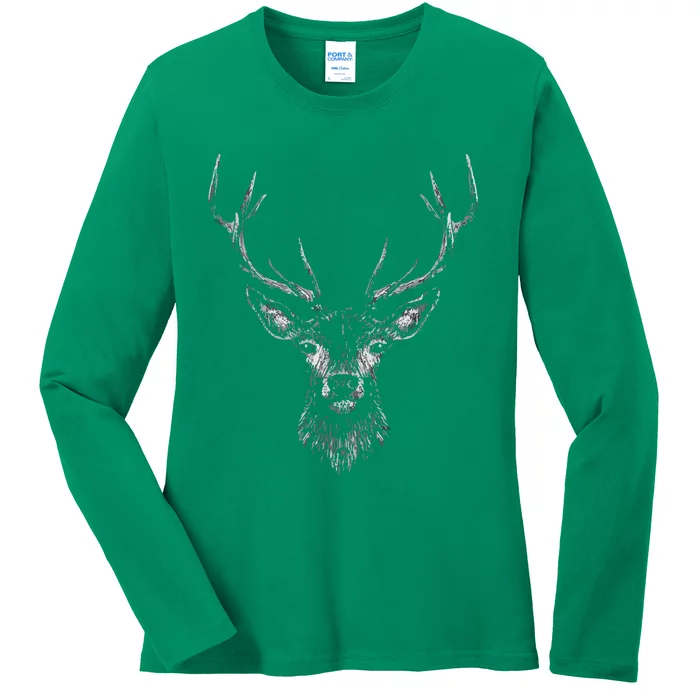 Hand Drawn Buck Deer Style Antlers Ladies Long Sleeve Shirt