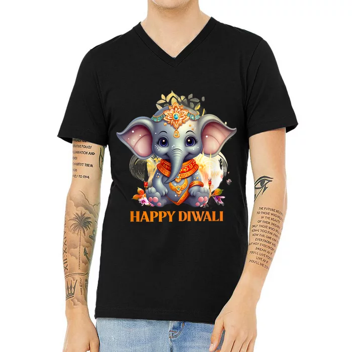 Happy Diwali Cute Elephant V-Neck T-Shirt