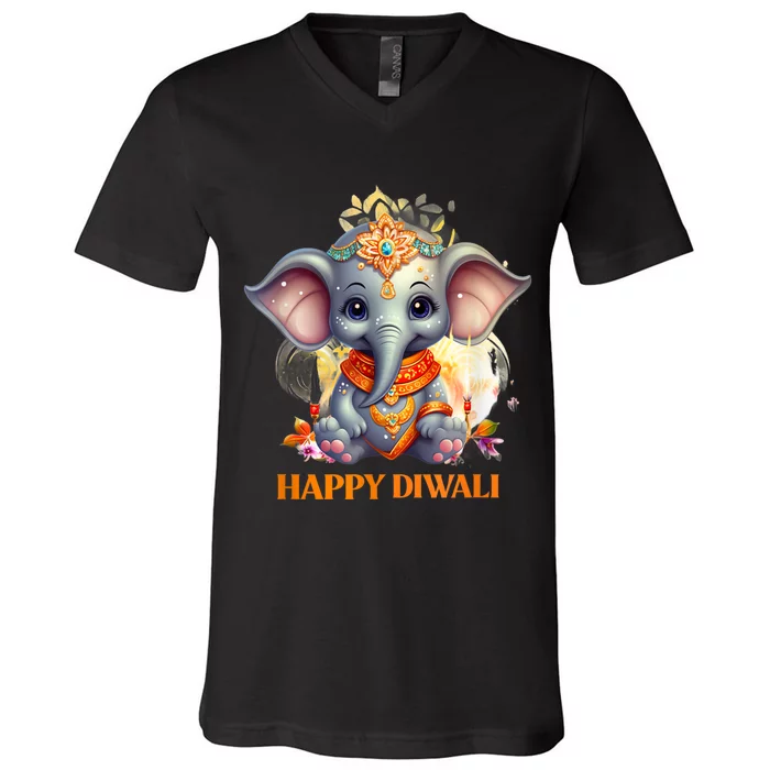 Happy Diwali Cute Elephant V-Neck T-Shirt