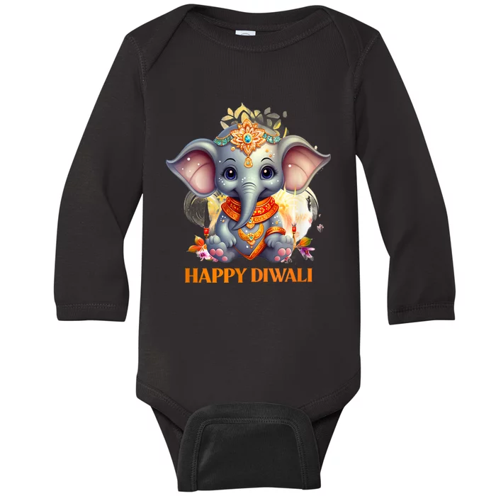 Happy Diwali Cute Elephant Baby Long Sleeve Bodysuit