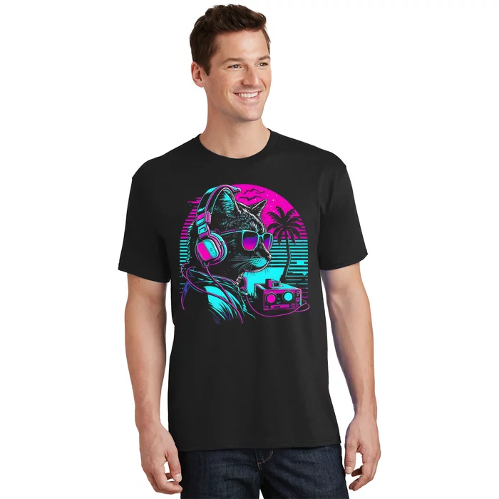 House DJ Cat 80s 90s Kitten Sunset Rainbow DJ Cat Kitty T-Shirt