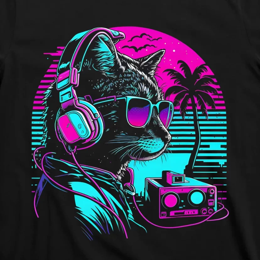 House DJ Cat 80s 90s Kitten Sunset Rainbow DJ Cat Kitty T-Shirt