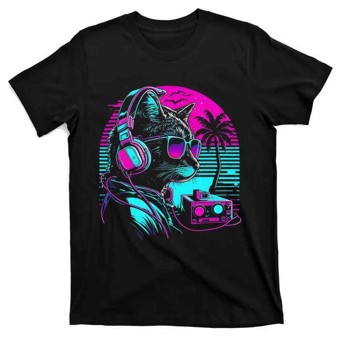 House DJ Cat 80s 90s Kitten Sunset Rainbow DJ Cat Kitty T-Shirt