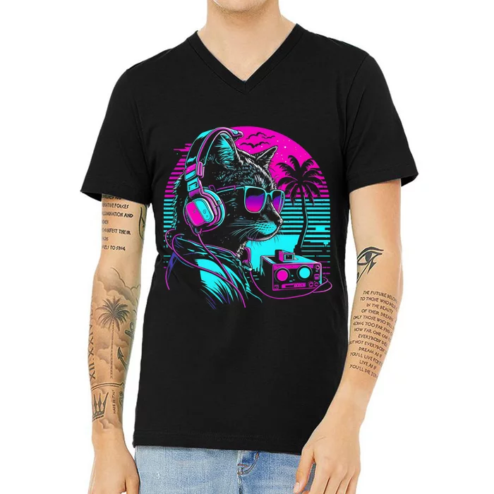 House DJ Cat 80s 90s Kitten Sunset Rainbow DJ Cat Kitty V-Neck T-Shirt