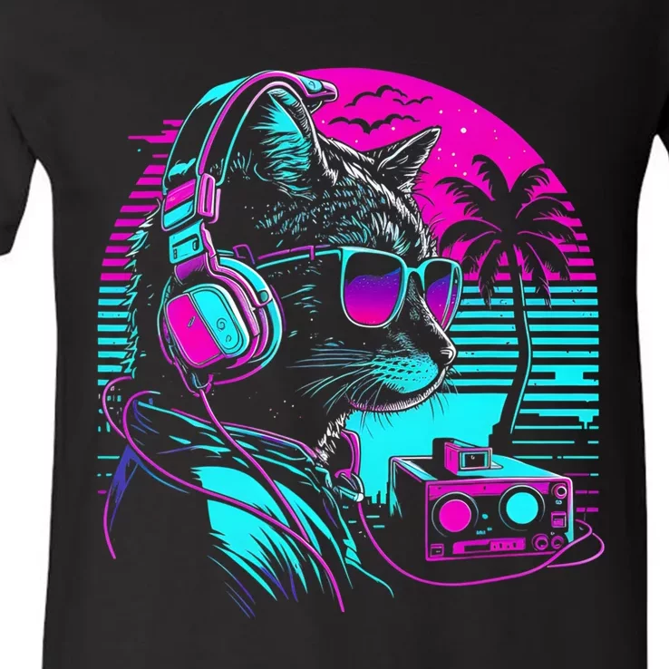 House DJ Cat 80s 90s Kitten Sunset Rainbow DJ Cat Kitty V-Neck T-Shirt