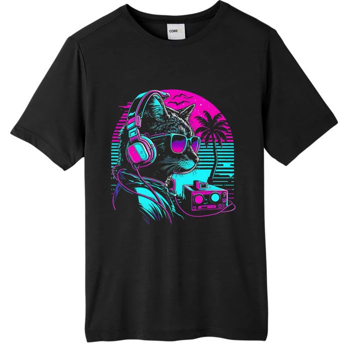 House DJ Cat 80s 90s Kitten Sunset Rainbow DJ Cat Kitty ChromaSoft Performance T-Shirt