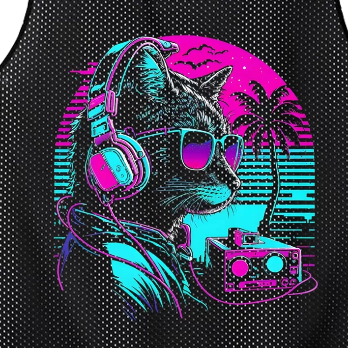 House DJ Cat 80s 90s Kitten Sunset Rainbow DJ Cat Kitty Mesh Reversible Basketball Jersey Tank