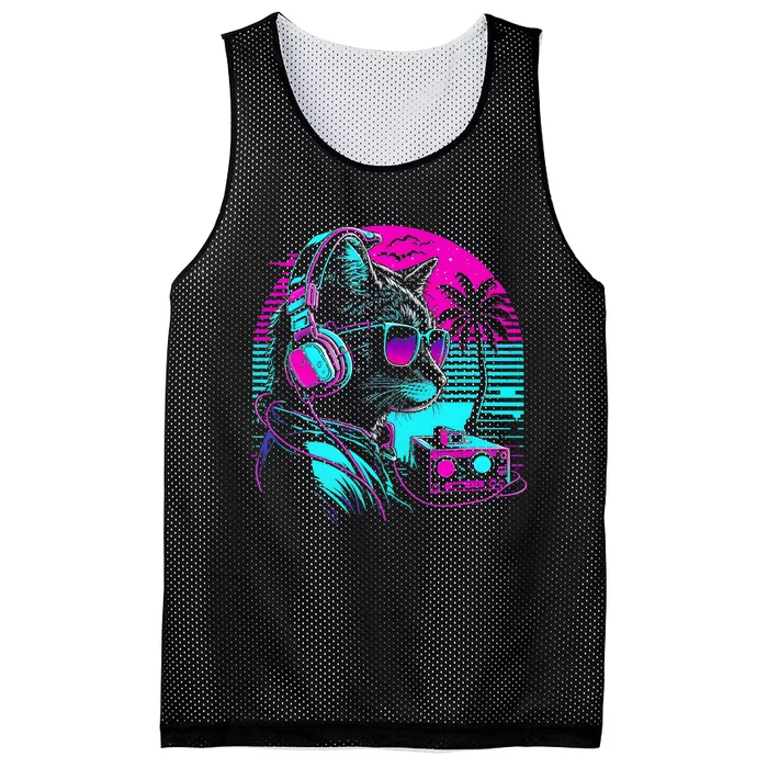 House DJ Cat 80s 90s Kitten Sunset Rainbow DJ Cat Kitty Mesh Reversible Basketball Jersey Tank