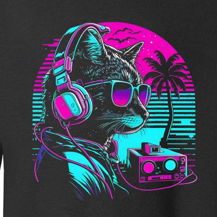 House DJ Cat 80s 90s Kitten Sunset Rainbow DJ Cat Kitty Toddler Sweatshirt