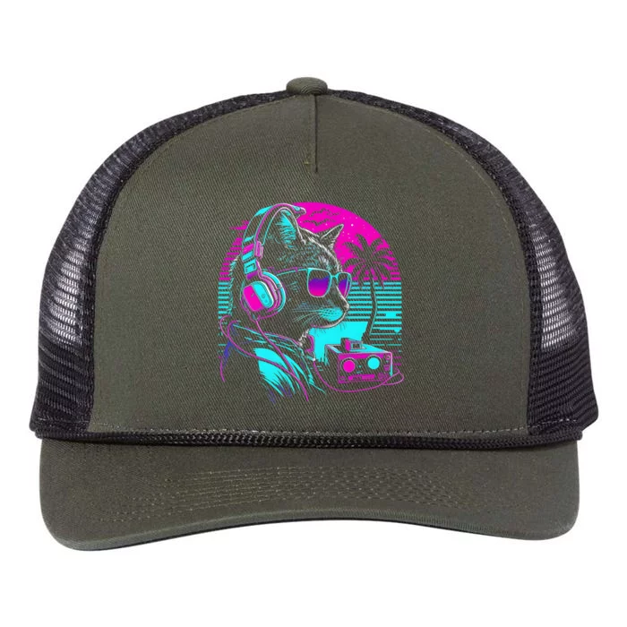 House DJ Cat 80s 90s Kitten Sunset Rainbow DJ Cat Kitty Retro Rope Trucker Hat Cap