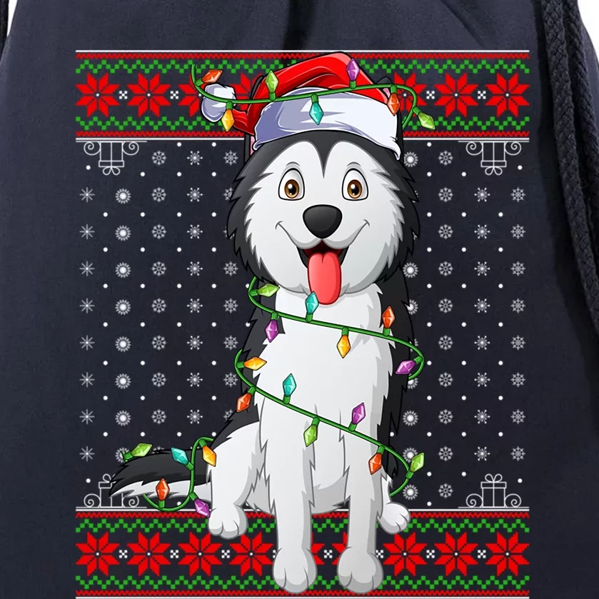 Husky Dog Christmas Lights Ugly Sweater Santa Husky Dog Xmas Cute Gift Drawstring Bag