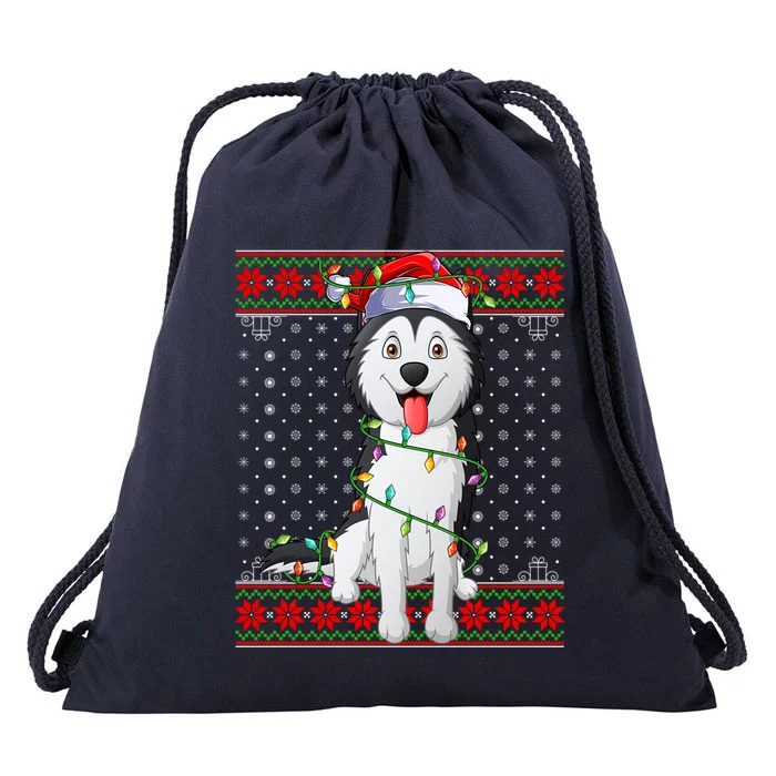 Husky Dog Christmas Lights Ugly Sweater Santa Husky Dog Xmas Cute Gift Drawstring Bag