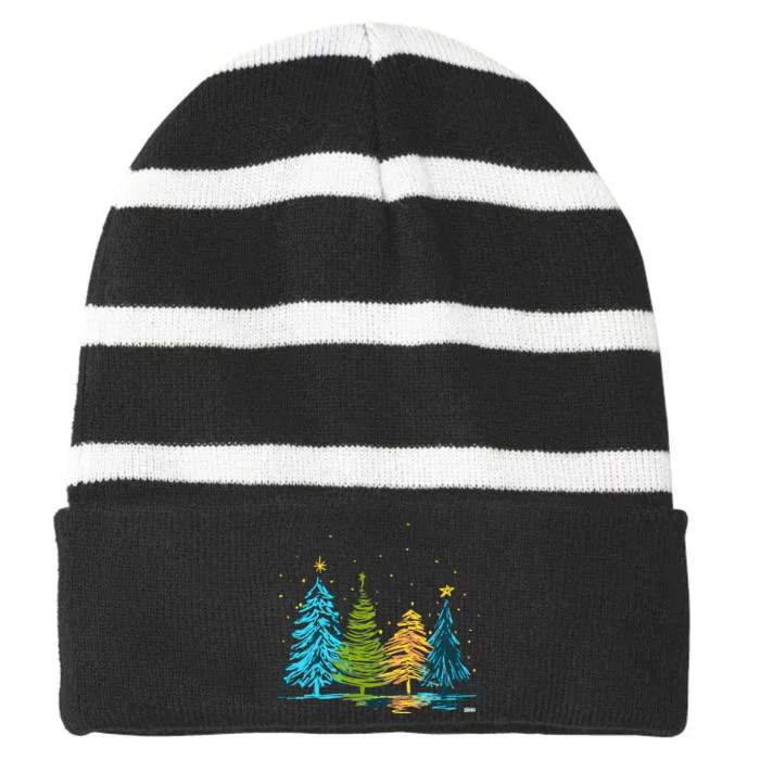 Hand Drawn Christmas Tree Christmas Tree Hand Drawing Striped Beanie with Solid Band