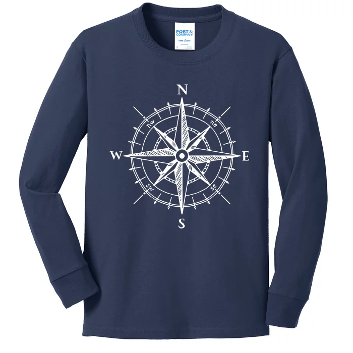 Hand Drawn Compass Rose Nautical Kids Long Sleeve Shirt