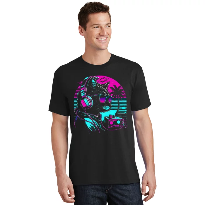 House Dj Cat 80s 90s Kitten Sunset Rainbow Dj Cat Kitty T-Shirt