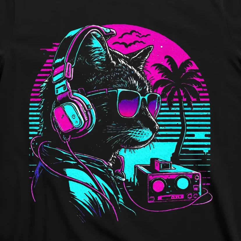 House Dj Cat 80s 90s Kitten Sunset Rainbow Dj Cat Kitty T-Shirt