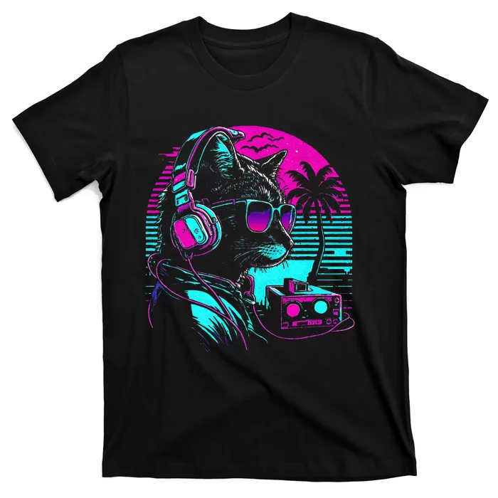 House Dj Cat 80s 90s Kitten Sunset Rainbow Dj Cat Kitty T-Shirt