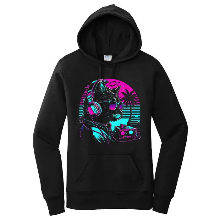 House Dj Cat 80s 90s Kitten Sunset Rainbow Dj Cat Kitty Women's Pullover Hoodie