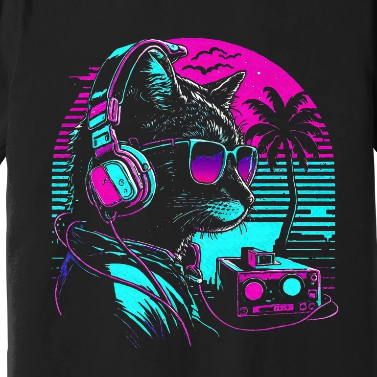 House Dj Cat 80s 90s Kitten Sunset Rainbow Dj Cat Kitty Premium T-Shirt