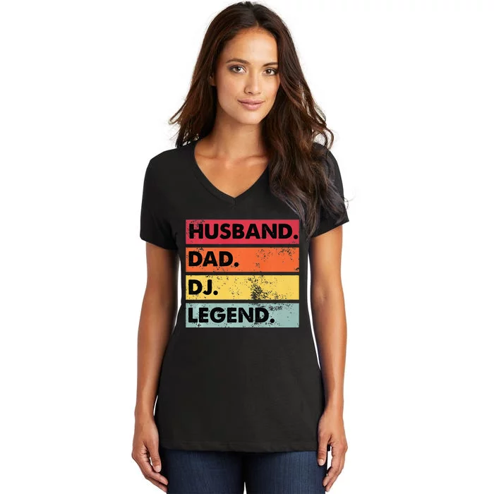 Husband Dad DJ Legend Funny DJ Disc Jockey Music Player Women's V-Neck T-Shirt